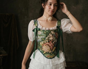 Vintage Tapestry Corset Top Cottagecore Renaissance Floral Lace Up Fairycore Bustier Handmade Romantic Bodice