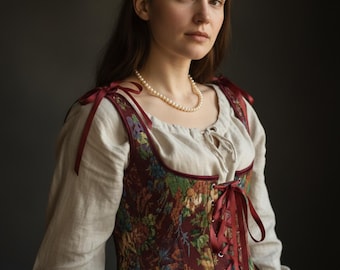 Floral Tapestry Corset Bodice, Renaissance Lace-Up Costume, Cottagecore Fairycore Top