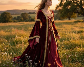 Medieval Renaissance Velvet Dress, Lace Up Corset Gown, Ren Faire Costume, Fantasy LARP Cosplay