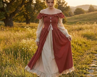 Renaissance Medieval Dress, Lace Up Corset Gown, Ren Faire Costume, Cottagecore Fantasy LARP Costume