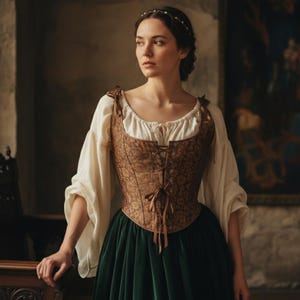 May include: A brown corset with a floral pattern, laced up the front, worn over a white blouse with long, puffy sleeves. The corset is paired with a dark green velvet skirt. A woman is wearing the outfit, with a headband.