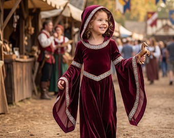 Toddler Girls Renaissance Velvet Dress Medieval Hooded Princess Ren Faire Halloween Costume