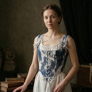 May include: A blue and white patterned corset with a cream-colored lining and straps. The corset has a square neckline and is laced up the front with cream-colored ribbon. The garment is part of a historical costume.