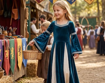 Girls Renaissance Dress Velvet Medieval Princess Gown Kids Costume Ren Faire Flower Girl Outfit