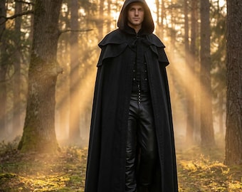 Black Hooded Cloak Medieval Ranger Cape Gothic Fantasy LARP Cosplay Wizard Witch Renaissance Costume