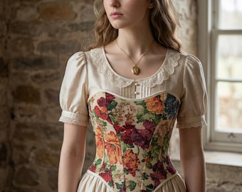 Floral Overbust Corset Renaissance Cottagecore Bustier Fairycore Boned Waist Cincher Vintage Inspired Top