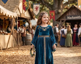 Girls Renaissance Dress Velvet Medieval Princess Costume Ren Faire Flower Girl Long Sleeve Gown