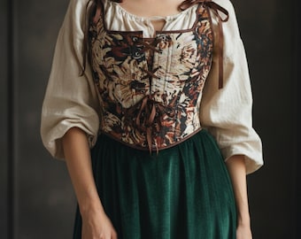 Renaissance Medieval Lace Up Corset, Floral Bodice, Ren Faire Cottagecore Corset, LARP Festival Costume