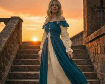 Cottagecore Prairie Dress Linen Maxi Romantic Vintage Milkmaid Renaissance Boho Long Sleeve Fairycore Gown