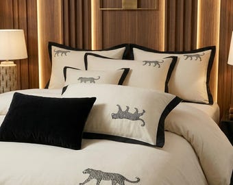Leopard Embroidered Duvet Cover Set – Luxury Cotton Bedding with Black Trim