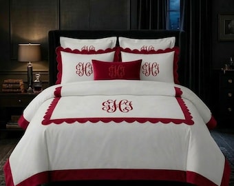 Personalized Monogram Duvet Cover Set – Scalloped Cotton Sateen Luxury Bedding