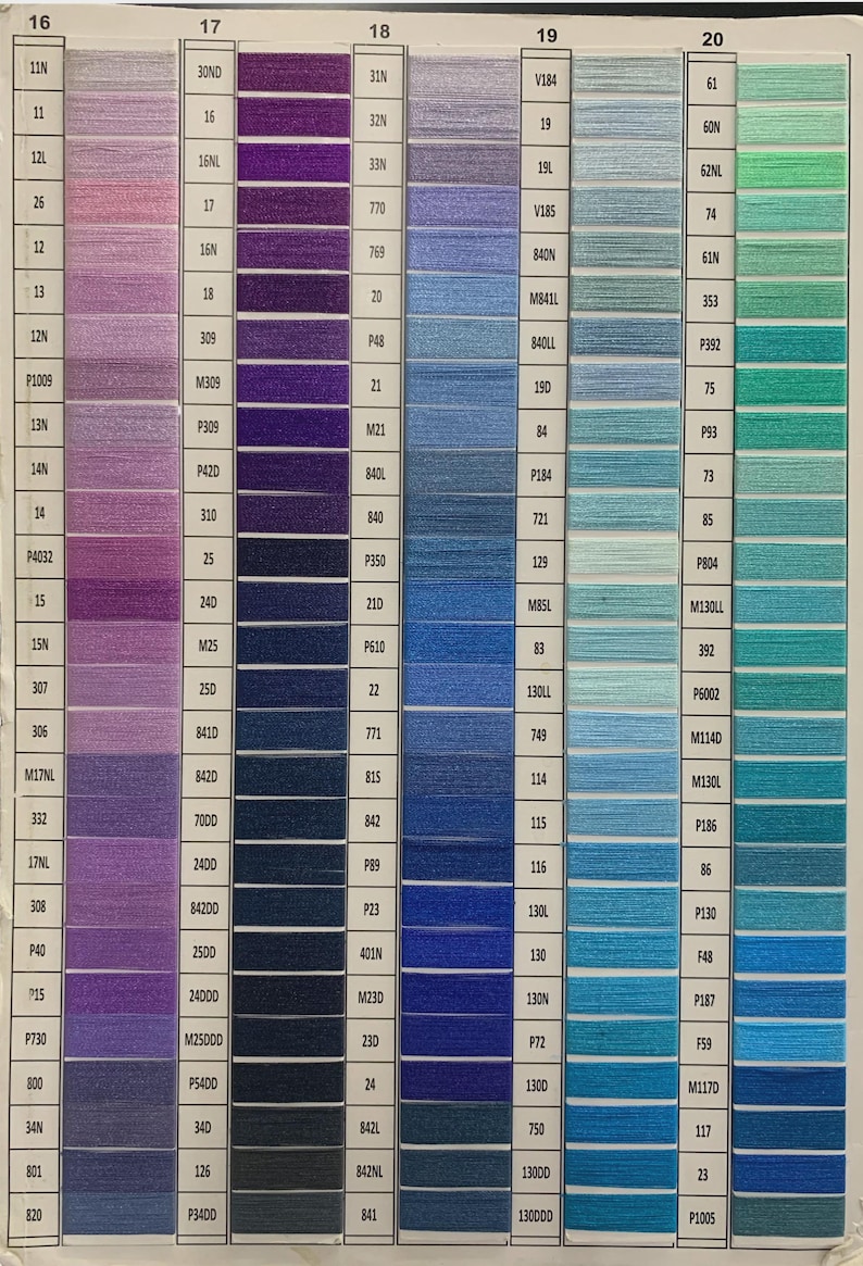 May include: A color chart featuring five vertical columns labeled 16 through 20, containing rows of thread samples in shades of purple, violet, navy, blue, and teal. Each sample is paired with a unique alphanumeric code printed in black text.