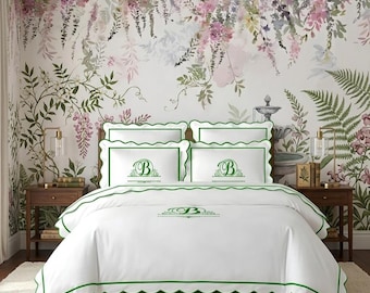 Monogrammed White Cotton Sateen Duvet Cover Set: Scalloped Border Embroidery