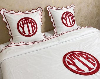 Monogrammed Premium 100% Cotton Scalloped and band 400TC Sateen Hotel Stitch Duvet Cover Set with scalloped Embroidery plus band