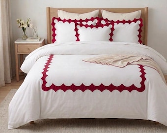 Modern  Applique Scallop Duvet Cover Set – Luxury White Cotton Bedding 400 tc sateen Duvet cover in Hotel style