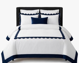 White Scallop Edge Duvet Cover Set – 400TC Sateen Cotton Luxury Bedding