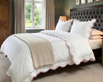 Juego de funda nórdica de lujo 100% algodón con borde festoneado de 400 hilos, estilo hotel, con bordado festoneado / ropa de cama infantil / ropa de cama para dormitorios / regalo personalizado