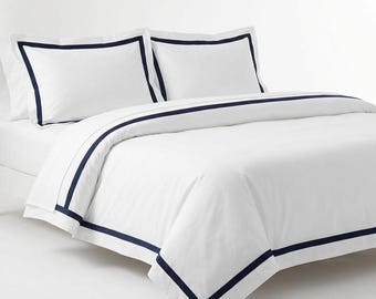 White Cotton Duvet Cover Set – Emerald Border, 400TC Hotel Bedding