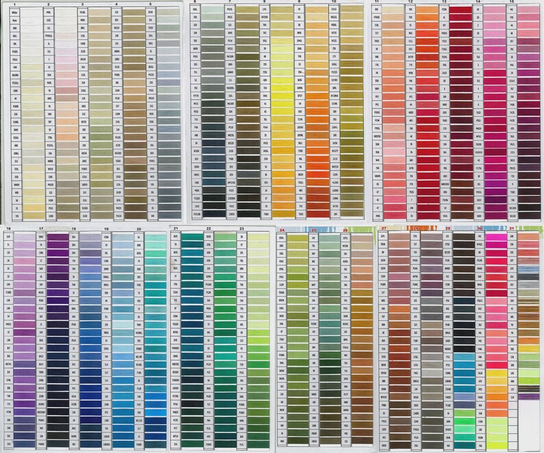 May include: A color chart displaying a wide array of thread colors, arranged in vertical columns. The colors range from light pastels to vibrant hues, including shades of beige, gray, yellow, orange, red, pink, purple, blue, green, and brown. Each color is labeled with a number.
