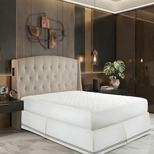 White Tailored Bed Skirt with Double Border – Custom Tailored Dust Ruffle – Luxury Cotton Bed Base Cover – Queen King Twin Size Options