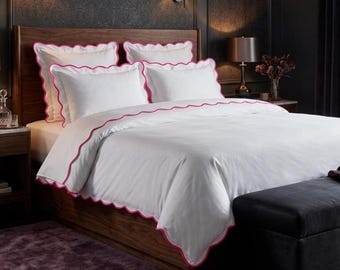 White Scalloped Bedding Set with Pink Trim, Luxury Duvet Cover, Modern Chic Linen