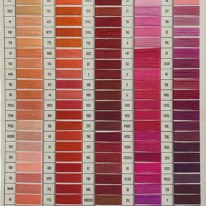 May include: A color chart displaying a wide range of thread colors, from light beige to deep burgundy and purple. Each color is labeled with a number and code, ideal for craft projects.
