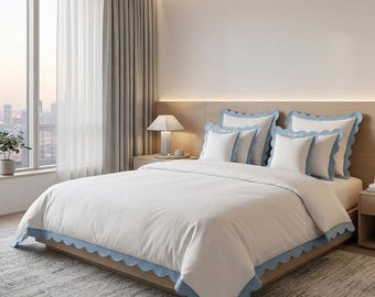 Luxury 400TC Cotton Duvet Cover – White with Applique Scallop Trim Home decor/Kids bedding/ Dorm bedding/ Summer special