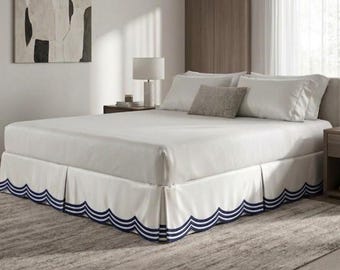 Custom Scalloped Bed Skirt – White Cotton Tailored Dust Ruffle with Navy Trim