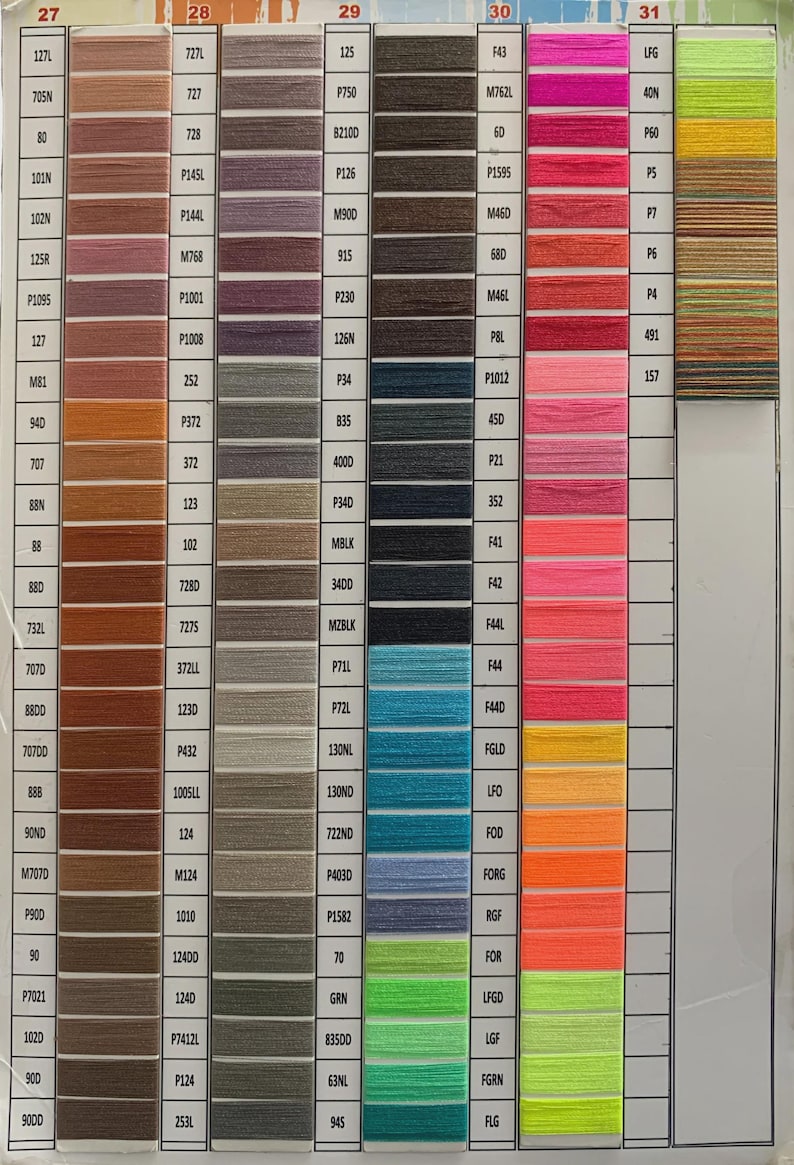 May include: A color chart displaying a wide array of thread colors, organized in vertical columns. Each thread color is labeled with a unique code, ranging from warm browns to vibrant pinks and greens, ideal for crafting.