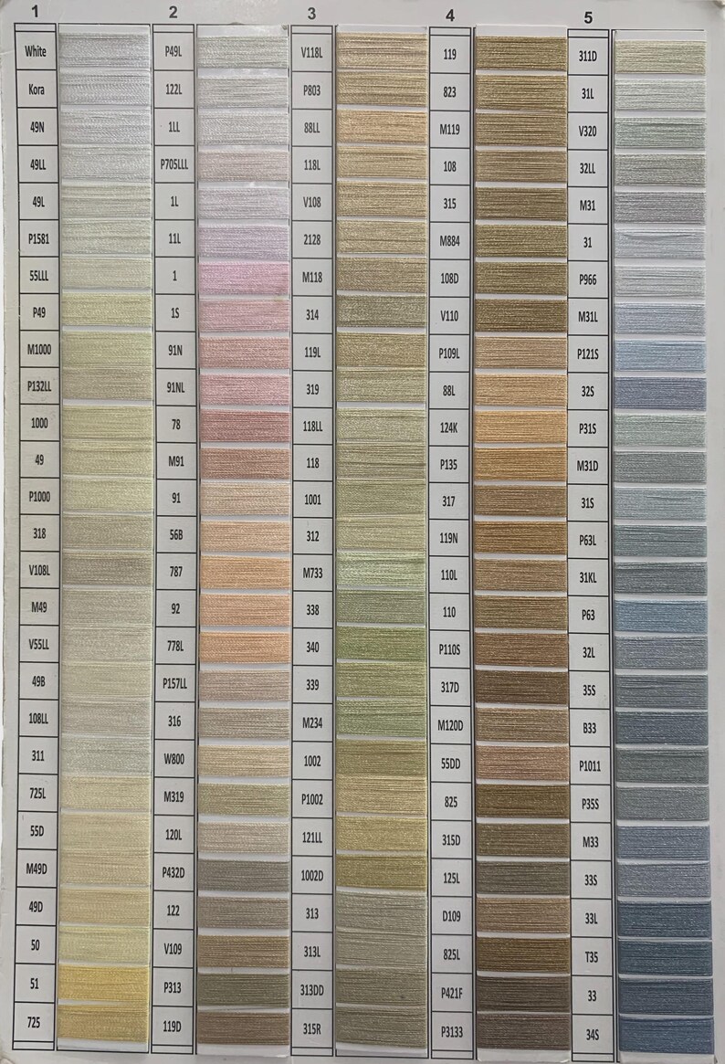 May include: A color chart featuring five vertical columns of thread samples arranged in rows. Each row displays a specific thread color alongside its corresponding alphanumeric code. The palette includes shades of white, cream, pink, green, gold, and blue.