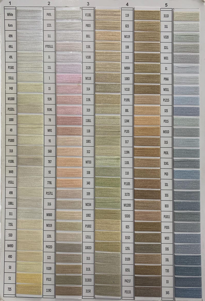 May include: A color chart displaying a wide array of thread colors, ranging from white and beige to various shades of green, brown, and blue. Each color is labeled with a unique code, providing a comprehensive selection for crafting and sewing projects.