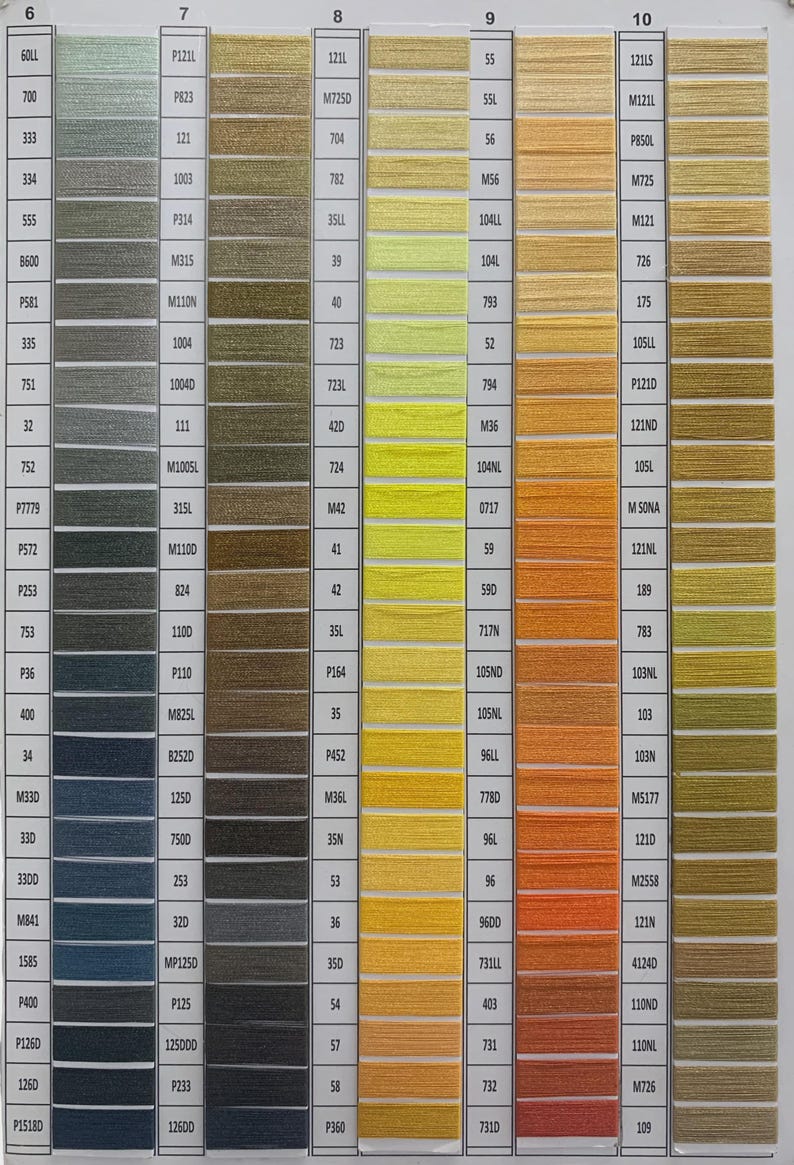 May include: A color chart featuring five vertical columns of embroidery thread samples, labeled 6 through 10. Each row displays a unique thread color with its corresponding alphanumeric code printed to the left of the thread swatch.