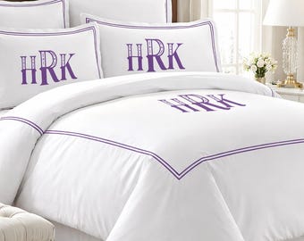 Personalized Monogrammed 100% Cotton Sateen White Duvet Cover Set with Double Border Embroidery