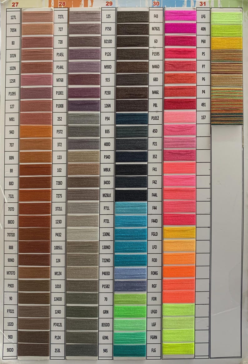 May include: A color chart featuring rows of thread samples organized by numerical codes. The palette includes shades of brown, tan, gray, black, blue, pink, yellow, orange, and green. Each sample is labeled with a specific alphanumeric code.
