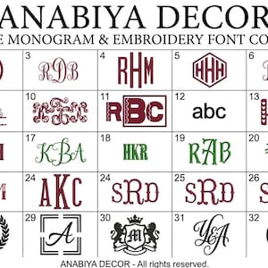 May include: A grid chart titled ANABIYA DECOR EXQUISITE MONOGRAM & EMBROIDERY FONT COLLECTION displaying 33 numbered embroidery styles. The chart features various monogram designs, initials, and decorative lettering in maroon, green, and black colors.