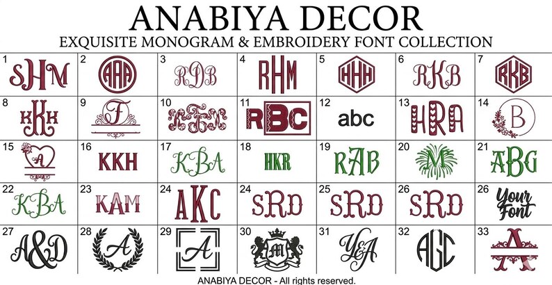 May include: A grid chart titled ANABIYA DECOR EXQUISITE MONOGRAM & EMBROIDERY FONT COLLECTION displaying 33 numbered embroidery styles. The chart features various monogram designs, initials, and decorative lettering in maroon, green, and black colors.