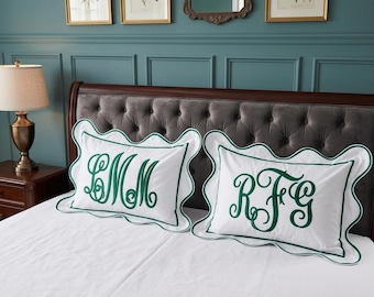 Personalized Scalloped and border Monogrammed Pillow Sham (Set of 1) 100% Cotton Sateen Luxury Hotel Collection 400 TC