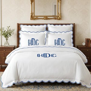 Personalised Logo monogrammed400TC White Cotton Sateen Hotel Stitch Duvet Cover Set in Scalloped Embroidery 1 Duvet Cover and 2 Pillow Sham image 2