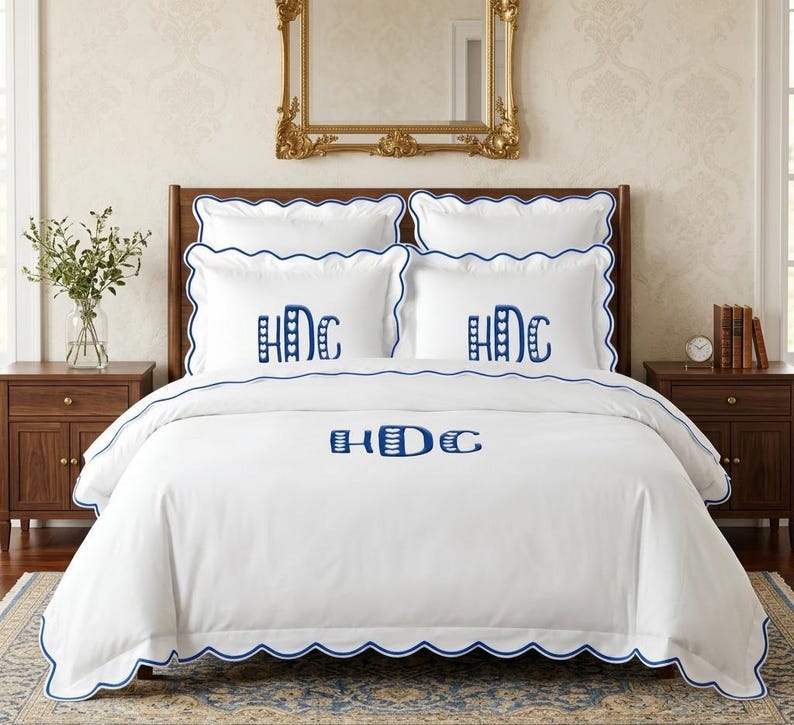 Personalised Logo monogrammed400TC White Cotton Sateen Hotel Stitch Duvet Cover Set in Scalloped Embroidery 1 Duvet Cover and 2 Pillow Sham image 2