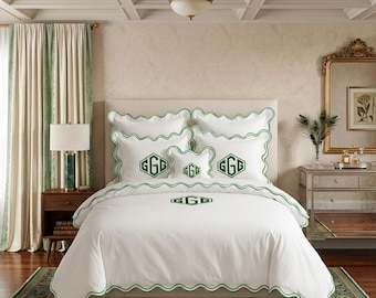 Monogrammed White Cotton Sateen Duvet Cover Set: Scalloped Border Embroidery