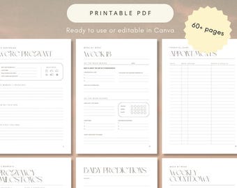 May include: A pregnancy planner and journal printable PDF with 60+ pages. The document features white pages with black text and lines, including sections for pregnancy milestones, baby predictions, weekly countdowns, and prenatal care appointments.