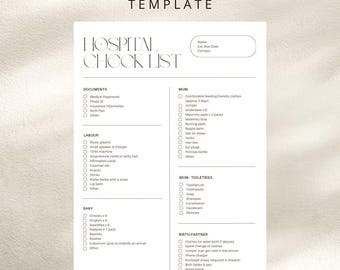 May include: A white hospital checklist template with black text featuring sections for documents, labour, baby, mum, toiletries, and birth partner. The document includes checkboxes for items like medical paperwork, clothes, and toiletries for the hospital stay.
