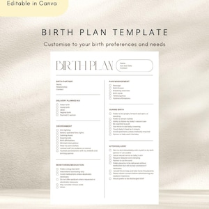 May include: A white birth plan template document with black text and checkboxes. The document includes sections for birth partner, delivery preferences, environment, monitoring, pain management, and after delivery care. It is editable in Canva.