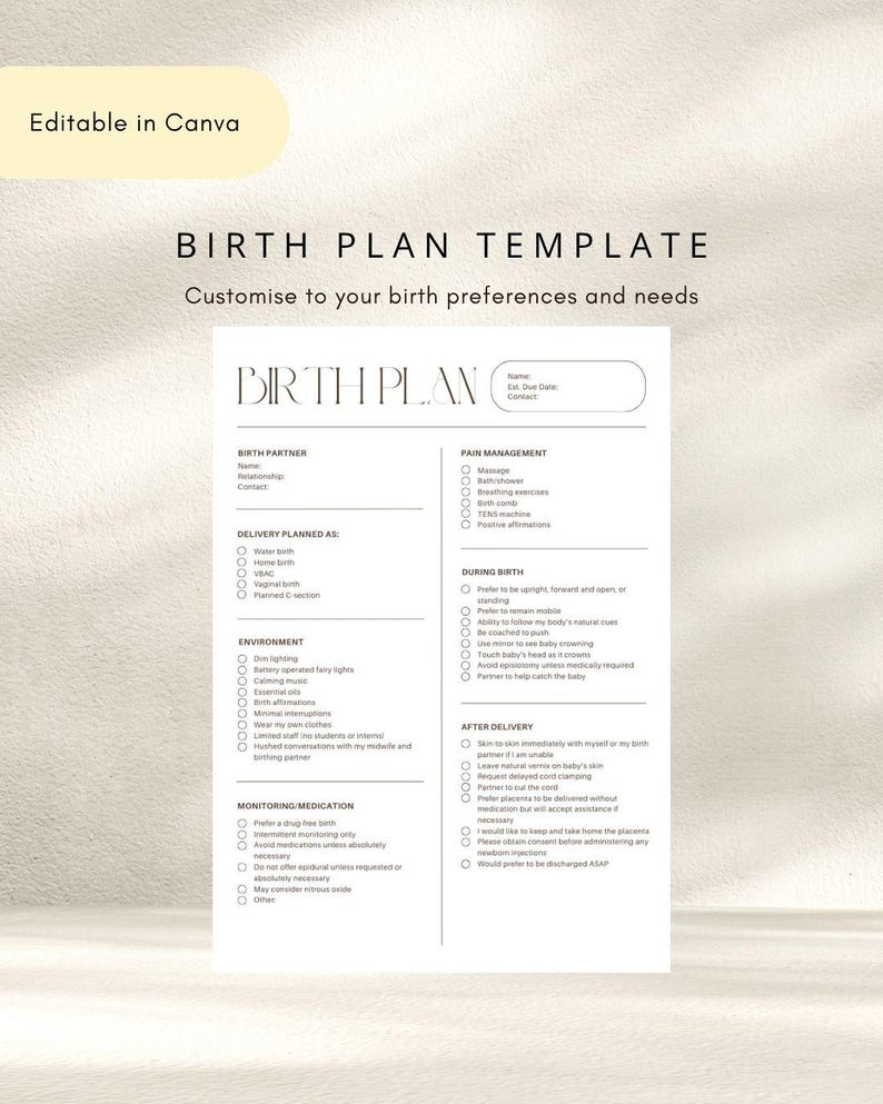 May include: A white birth plan template document with black text and checkboxes. The document includes sections for birth partner, delivery preferences, environment, monitoring, pain management, and after delivery care. It is editable in Canva.