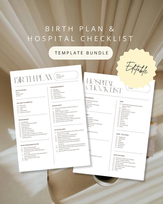 Editable Birth Plan Template | Printable Birth Plan Hospital Checklist | Canva Template | New Mom