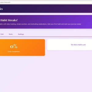 May include: Screenshot of a habit tracking app interface. The app's title is "Habit Streaks". The interface includes a welcome message, progress indicators, and navigation tabs. The daily completion is at 0%.