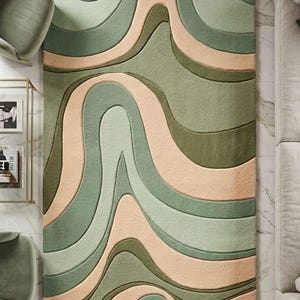 May include: A rectangular area rug featuring a layered, three-dimensional wave pattern in shades of sage green, olive green, and soft peach. The design consists of fluid, organic curved lines that create a textured, topographical appearance.