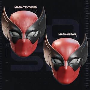 May include: A guide featuring two red and black superhero masks. One mask has a textured surface, and the other is clean. The image includes the text "GUIDE", "MASK-TEXTURED", and "MASK-CLEAN". The image also includes the text "TEST PRINTED AMS COLORED STL".