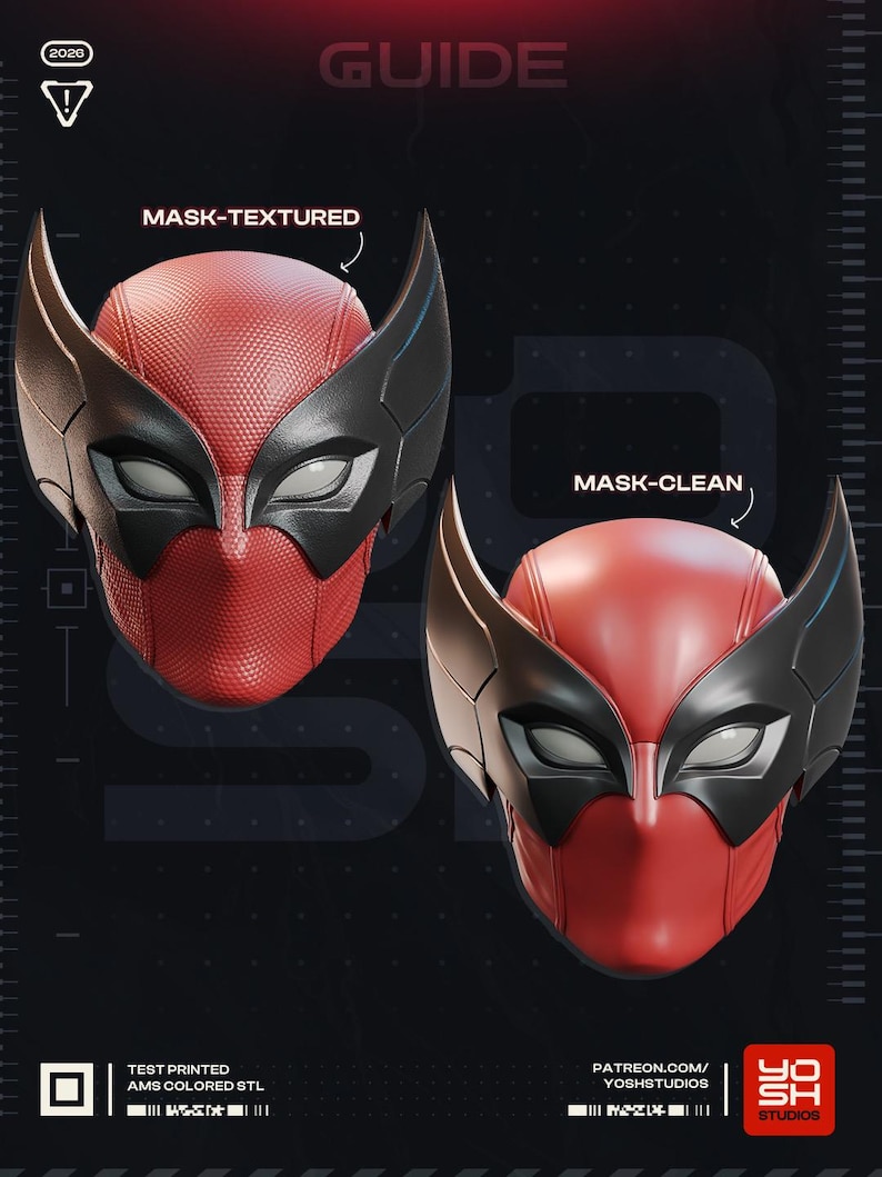 May include: A guide featuring two red and black superhero masks. One mask has a textured surface, and the other is clean. The image includes the text "GUIDE", "MASK-TEXTURED", and "MASK-CLEAN". The image also includes the text "TEST PRINTED AMS COLORED STL".