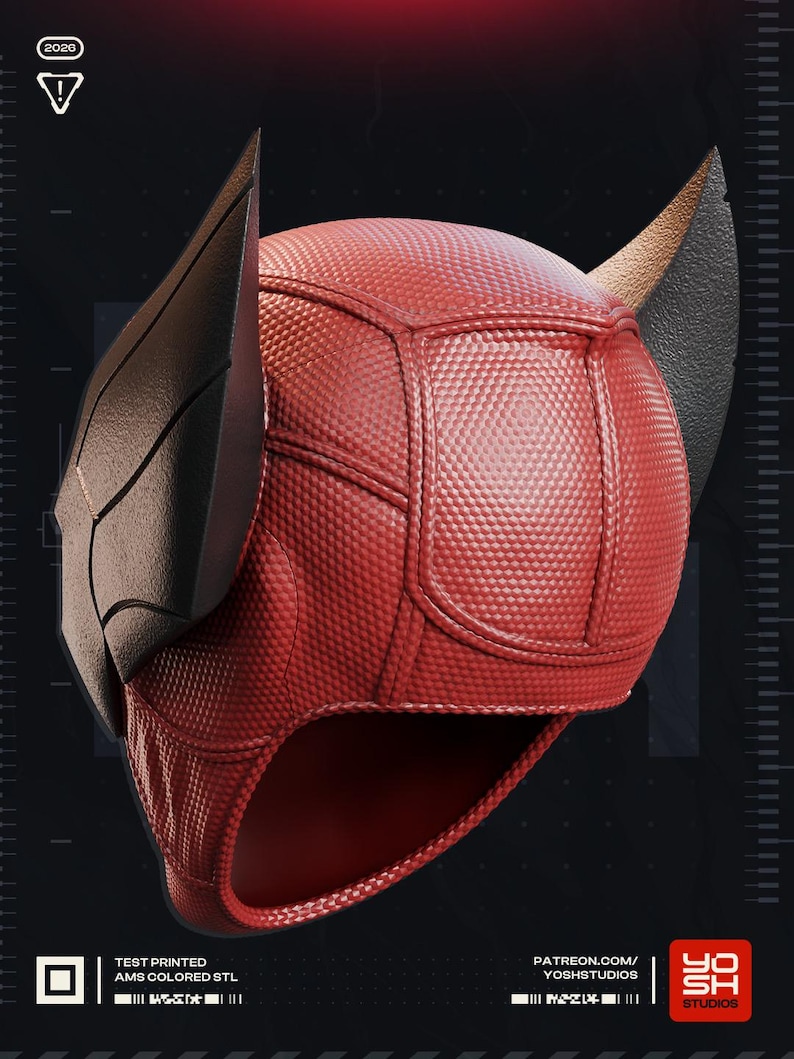 May include: A red, textured helmet with black, wing-like accents. The helmet has a rounded shape and a detailed surface. The image includes the text "2020" and "YOSH STUDIOS".